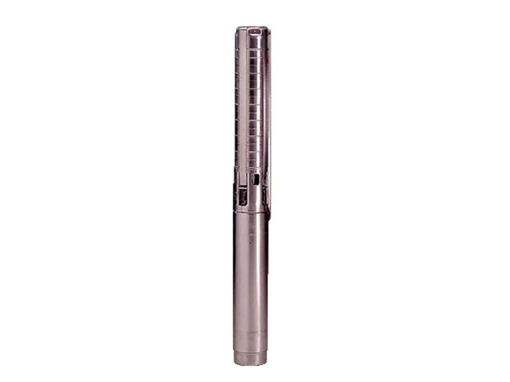 Vertikale Pumpe in metallisch-grauem Finish, mit transparentem Gehäuse, präsentiert von Grundfos. Konstruktion für robuste Anwendungen im Wasserbereich.